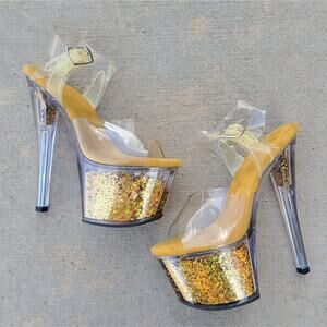 Pleaser 7" Glittery Gold Platform Stiletto Heels Size 6